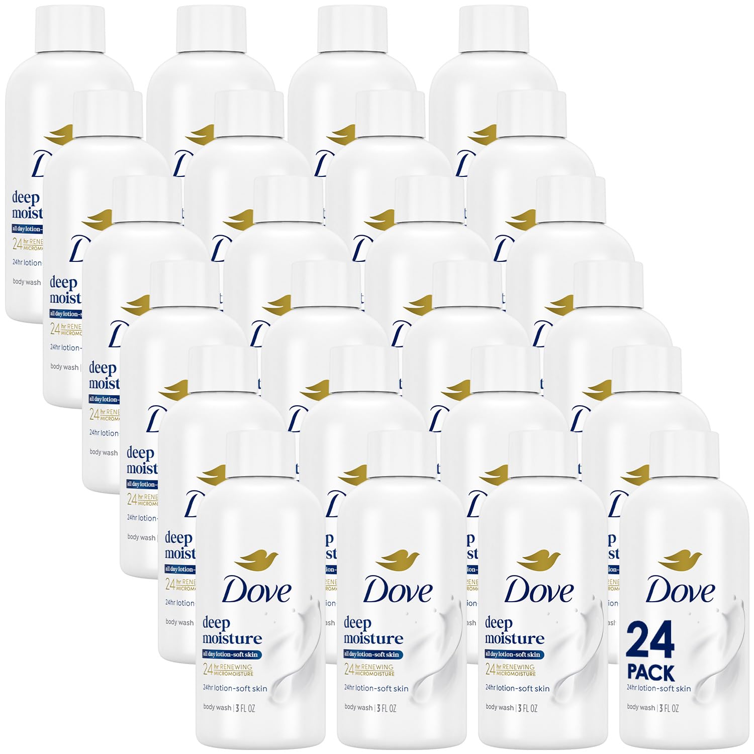 Dove travel pack front view showing 24 bottles and easy storage benefit