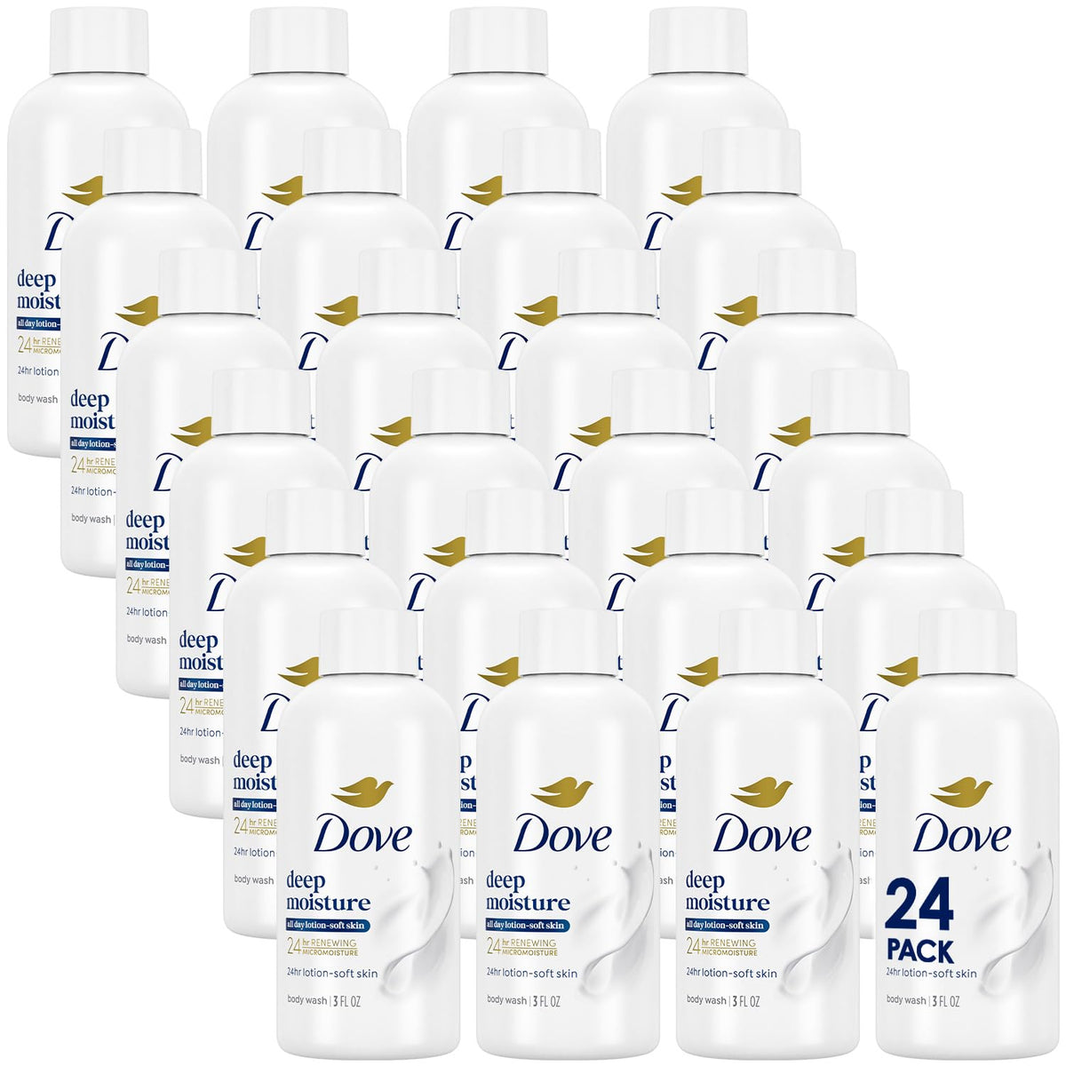 Dove travel pack front view showing 24 bottles and easy storage benefit