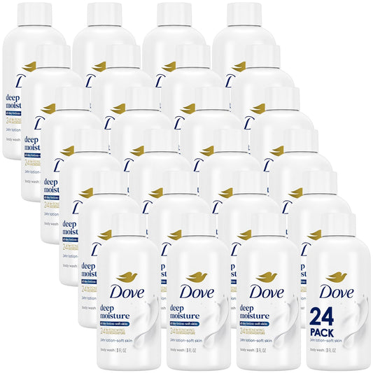Dove travel pack front view showing 24 bottles and easy storage benefit