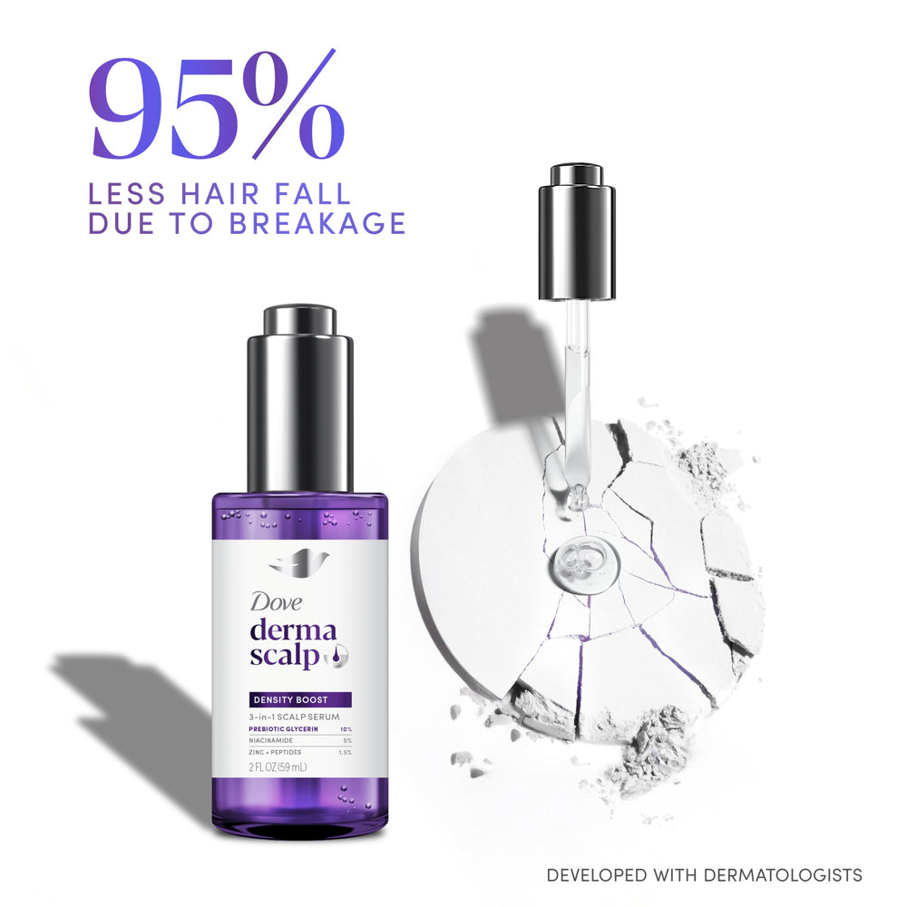 Applying Dove serum to hairline with dropper to support hydrated scalp benefit