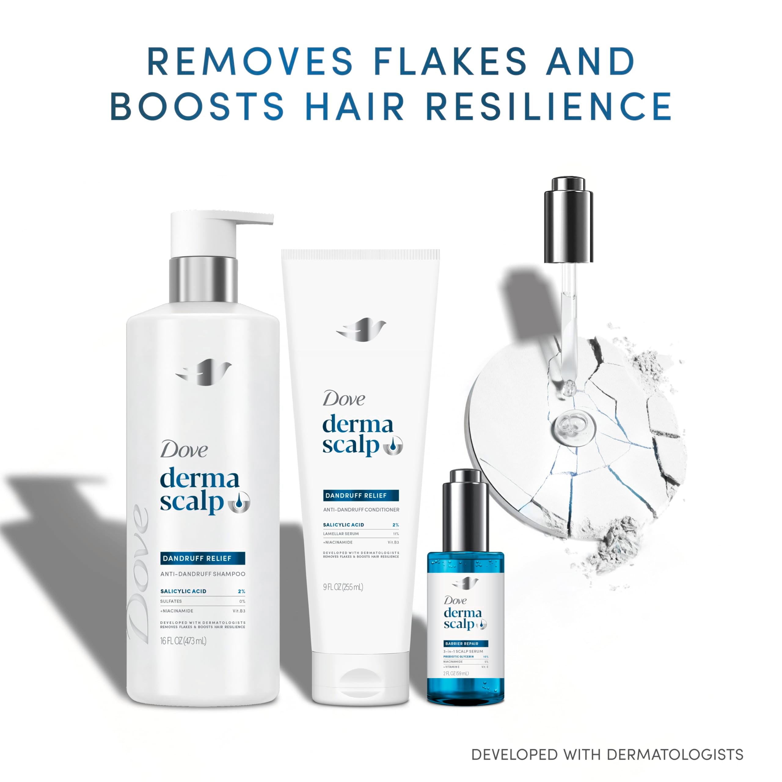 Dove Derma Scalp 9 fl oz bottle next to a hand for clear size and usage reference