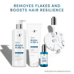 Dove Derma Scalp 9 fl oz bottle next to a hand for clear size and usage reference