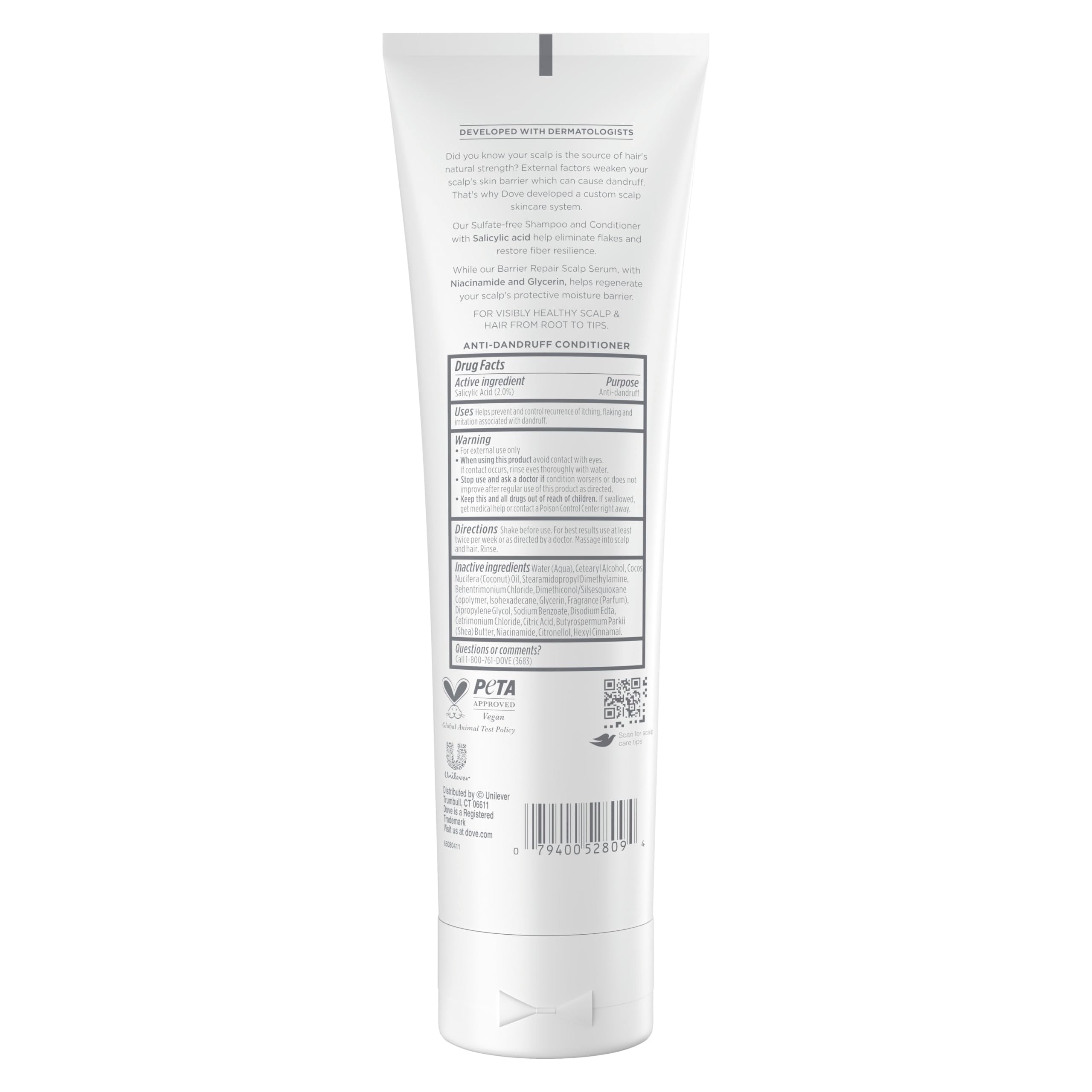 Dove Derma Scalp back label showing ingredients and directions for effective scalp care