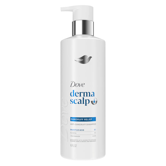 Dove bottle front view showing label and size, highlighting visible scalp care