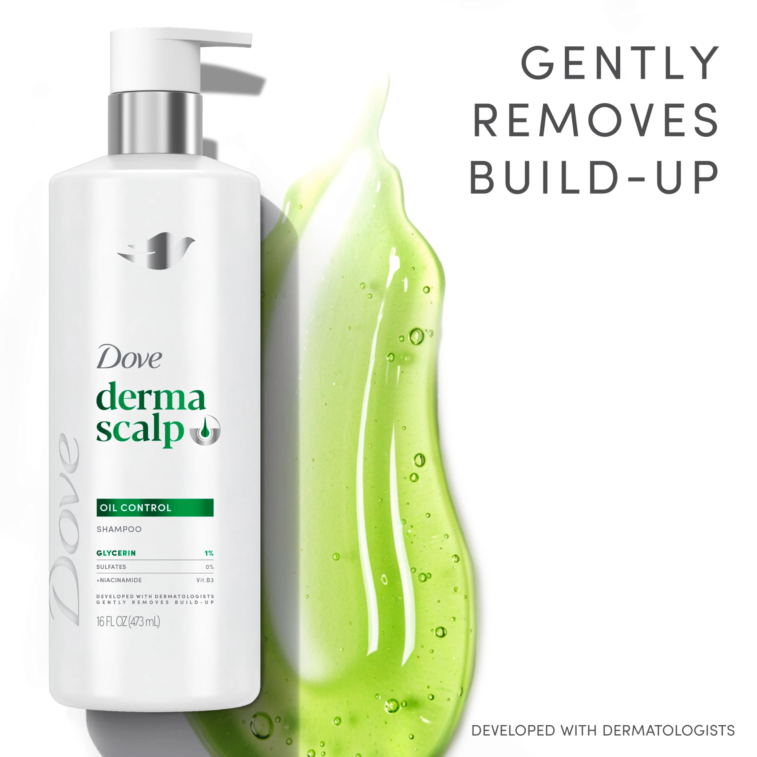 Dove shampoo in use under shower showing effective oil removal benefit