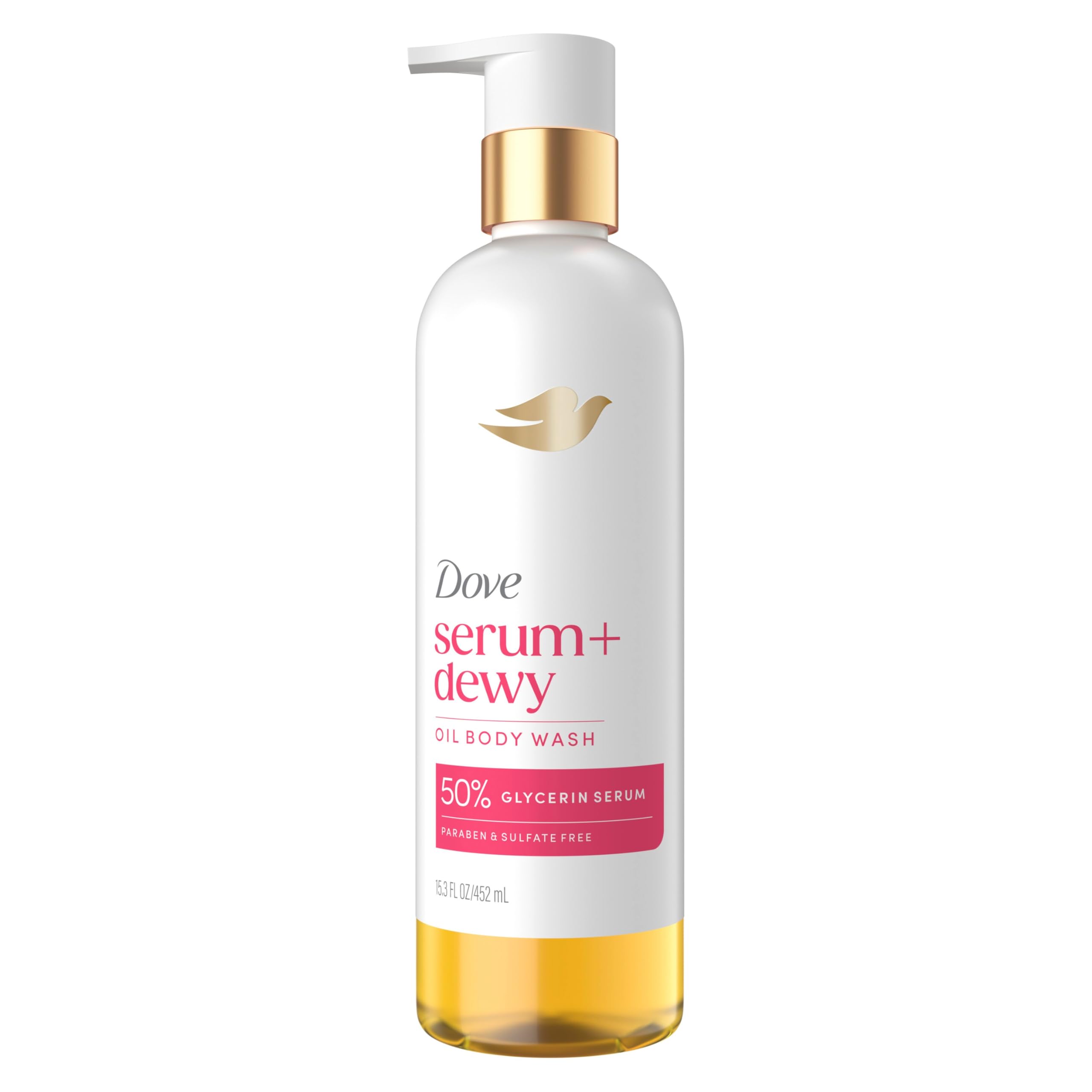Dove bottle front packaging showing product benefits and scent