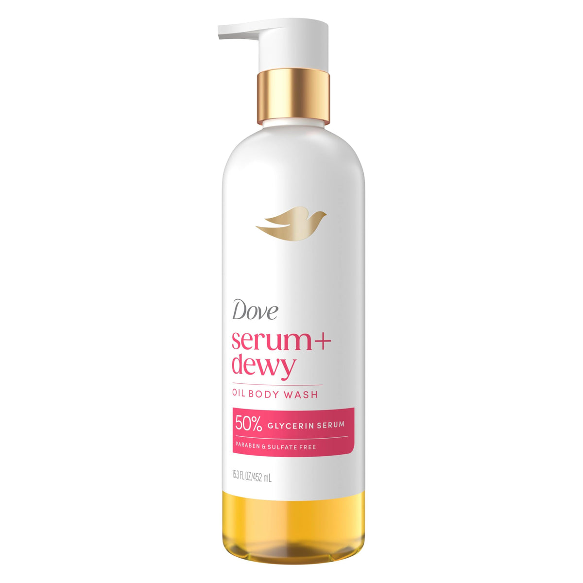 Dove bottle front packaging showing product benefits and scent