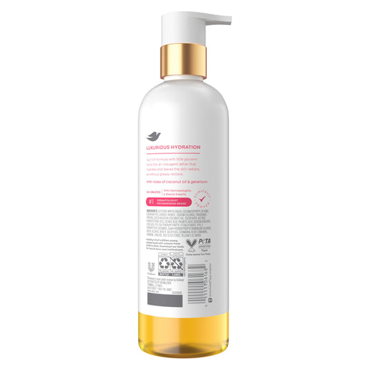 Dove label closeup on pump highlighting glycerin serum ingredient