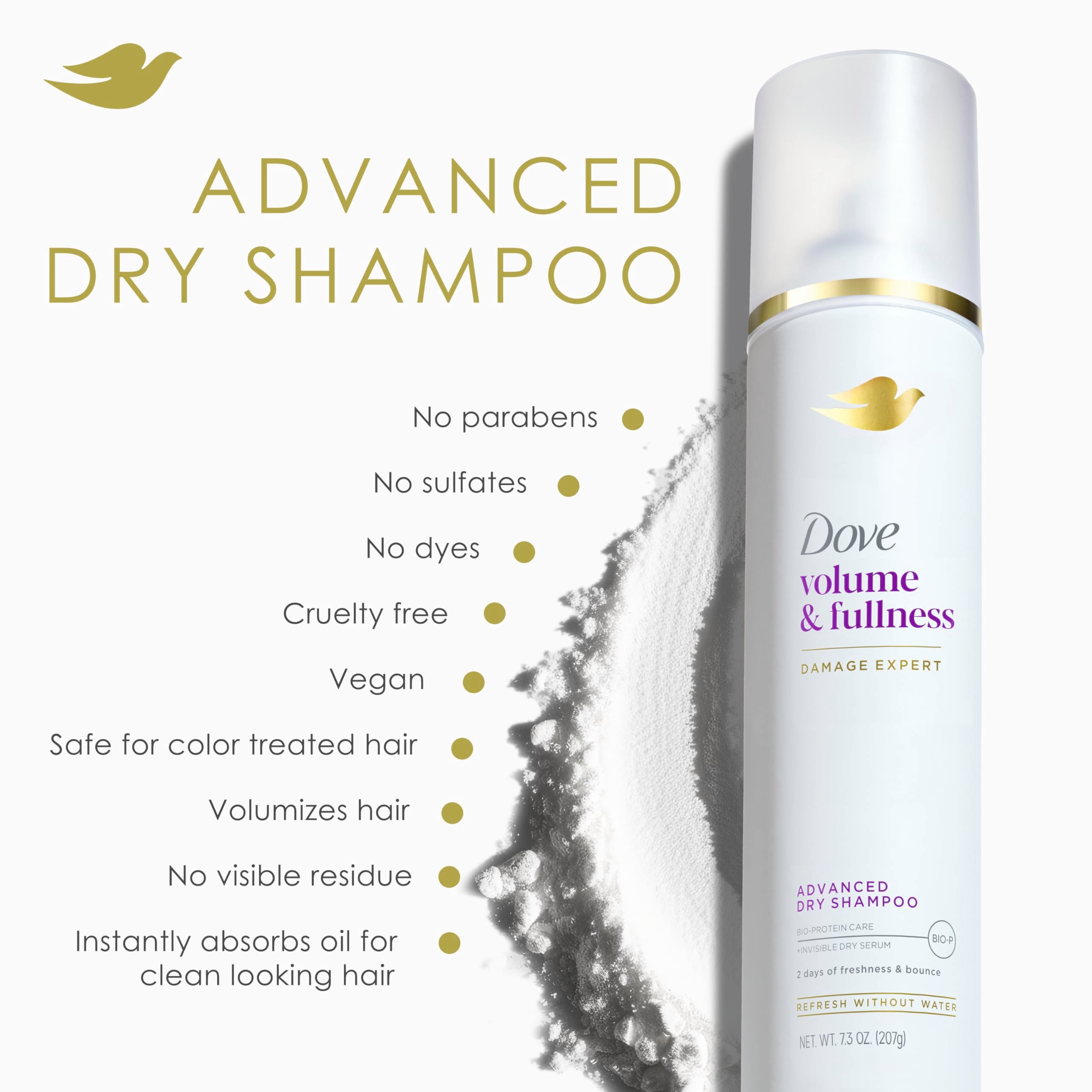 Dove Advanced dry shampoo results with brushed-out voluminous hair and visible lift at roots