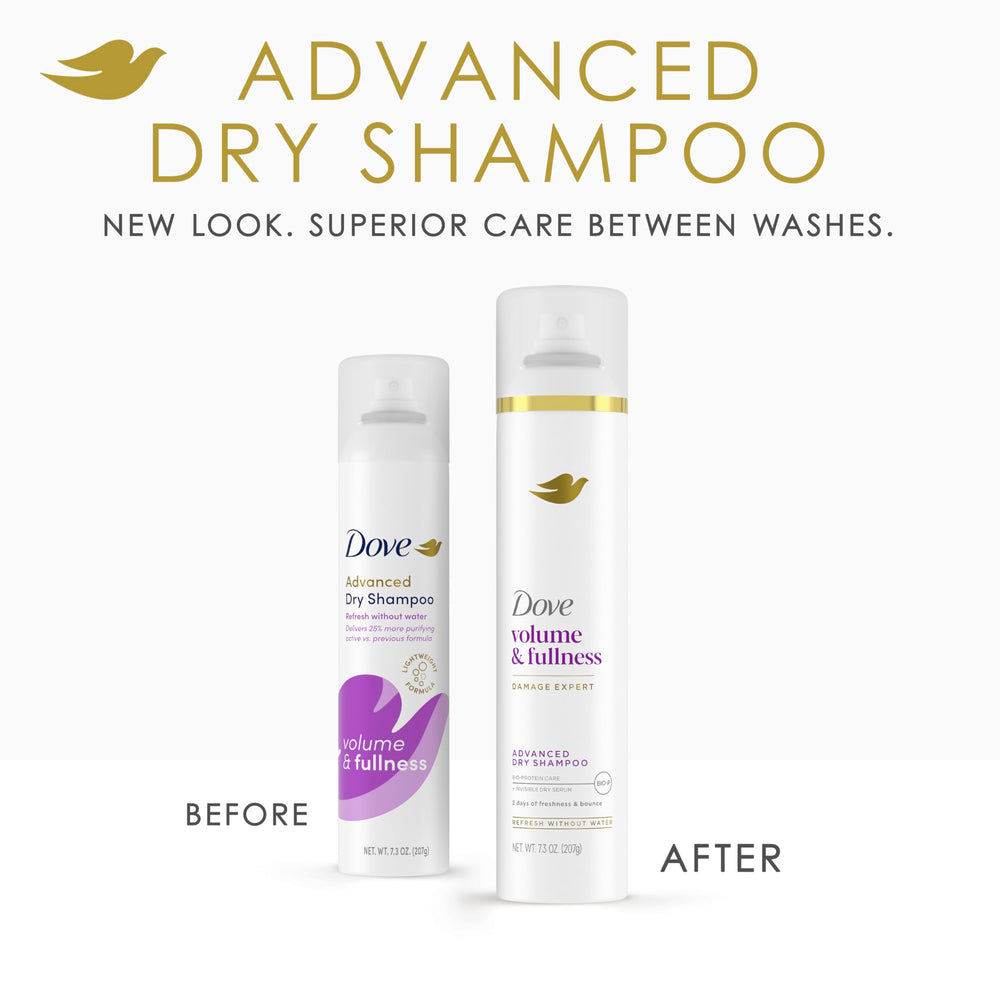 Dove Advanced dry shampoo being sprayed at roots to revive flat hair for quick refresh