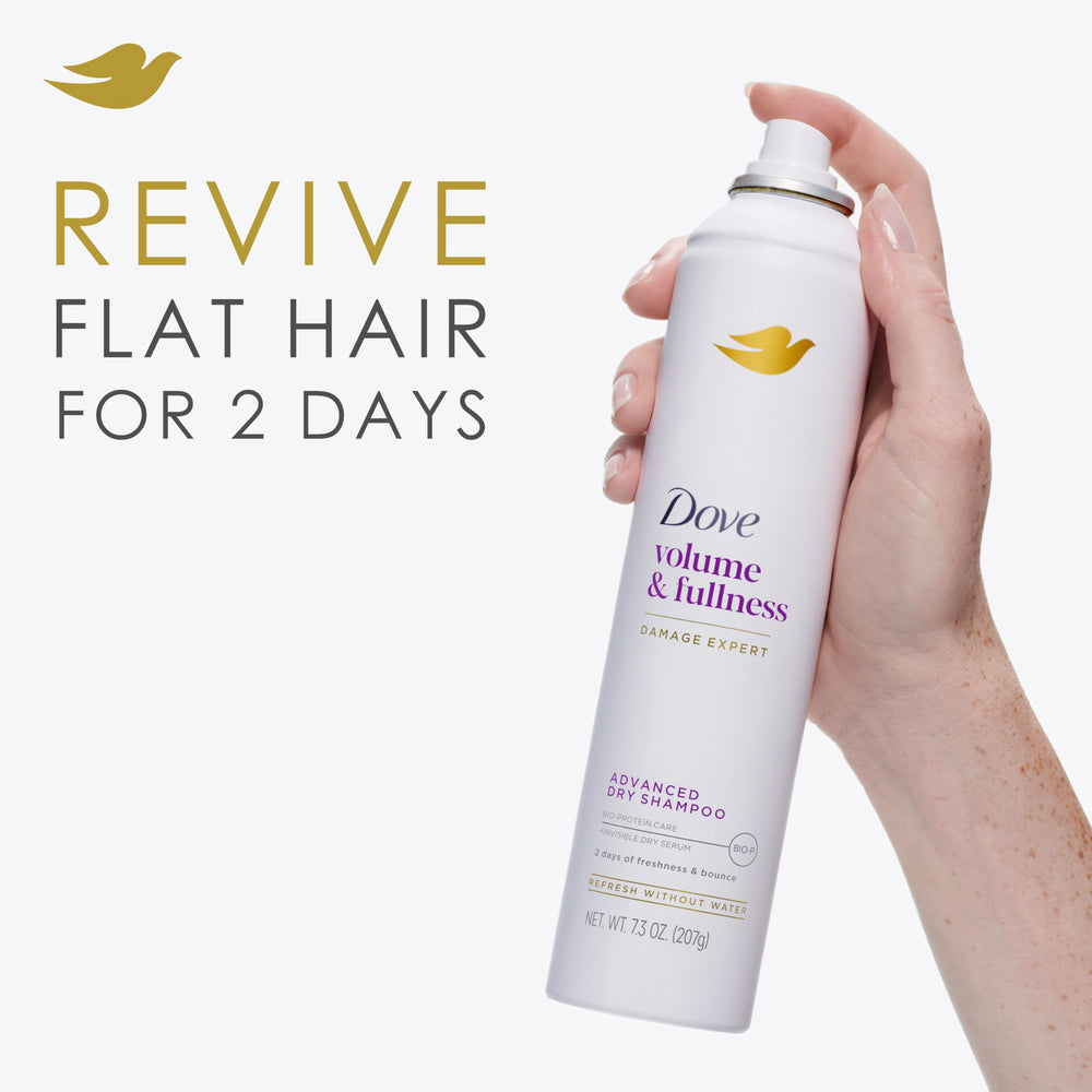 Dove Advanced dry shampoo fine mist and texture illustrating weightless formula and no residue
