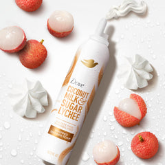 Dove foam dispensed in hand ready to lather, quick coverage benefit