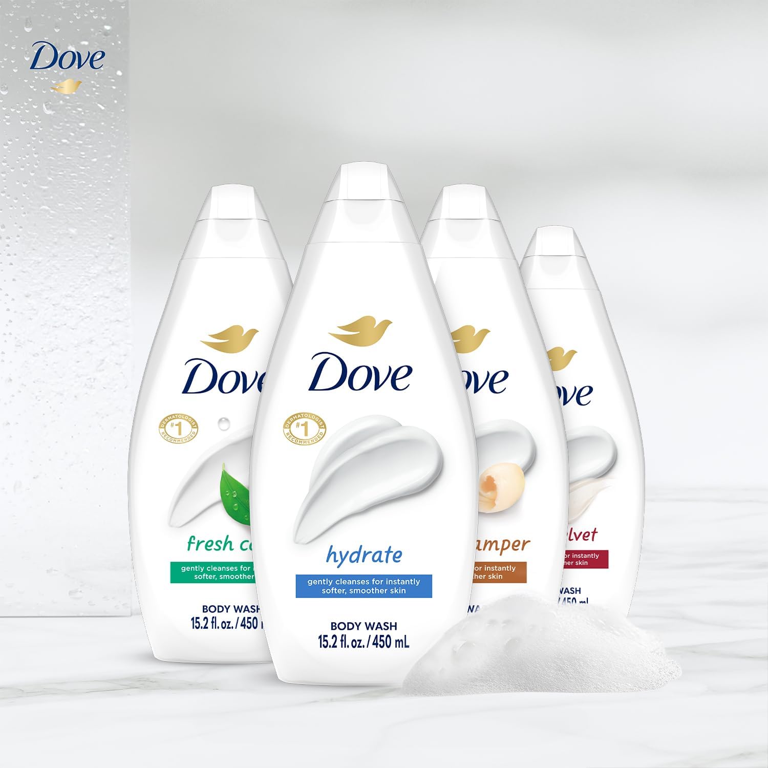 Dove Fresh Care bottle on shower shelf conveying invigorating freshness and convenience
