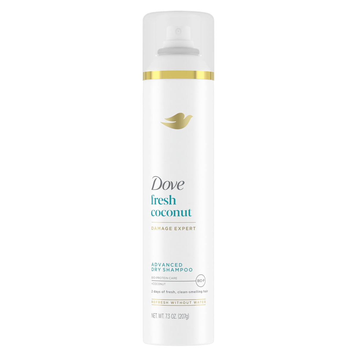 Dove dry shampoo front packaging showing product and benefit of fast refresh