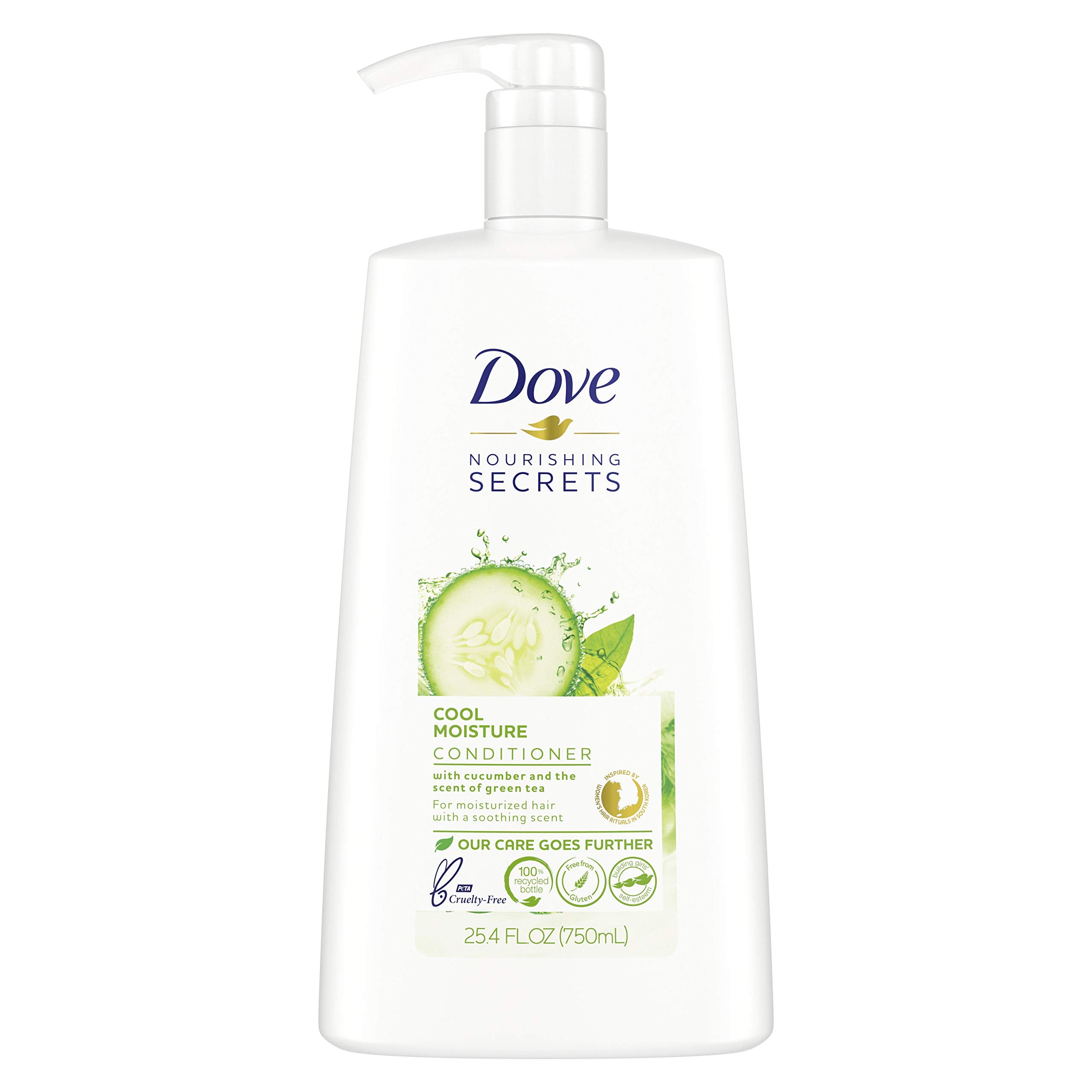 Dove bottle front view showing Cool Moisture label and easy-rinse benefit