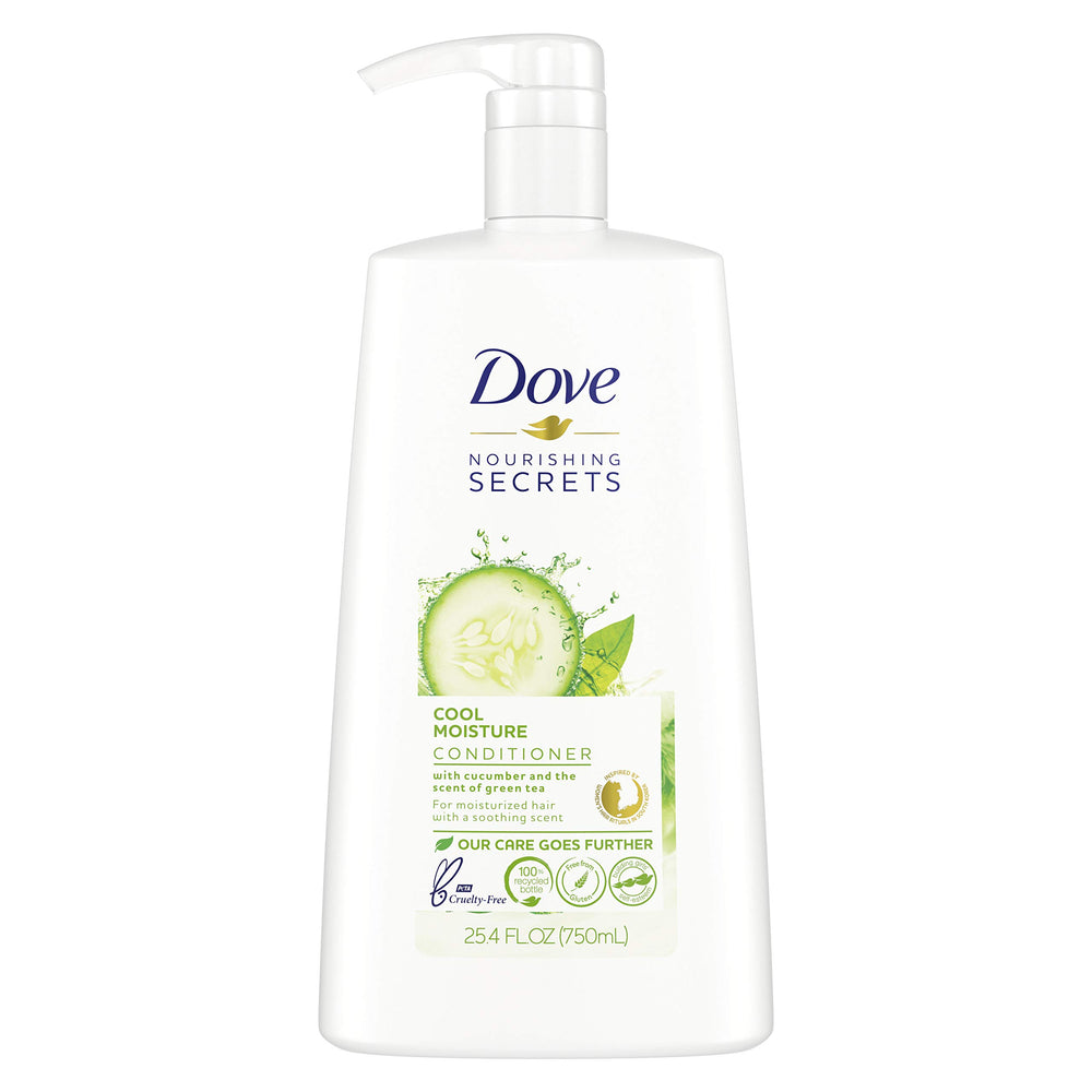 Dove bottle front view showing Cool Moisture label and easy-rinse benefit