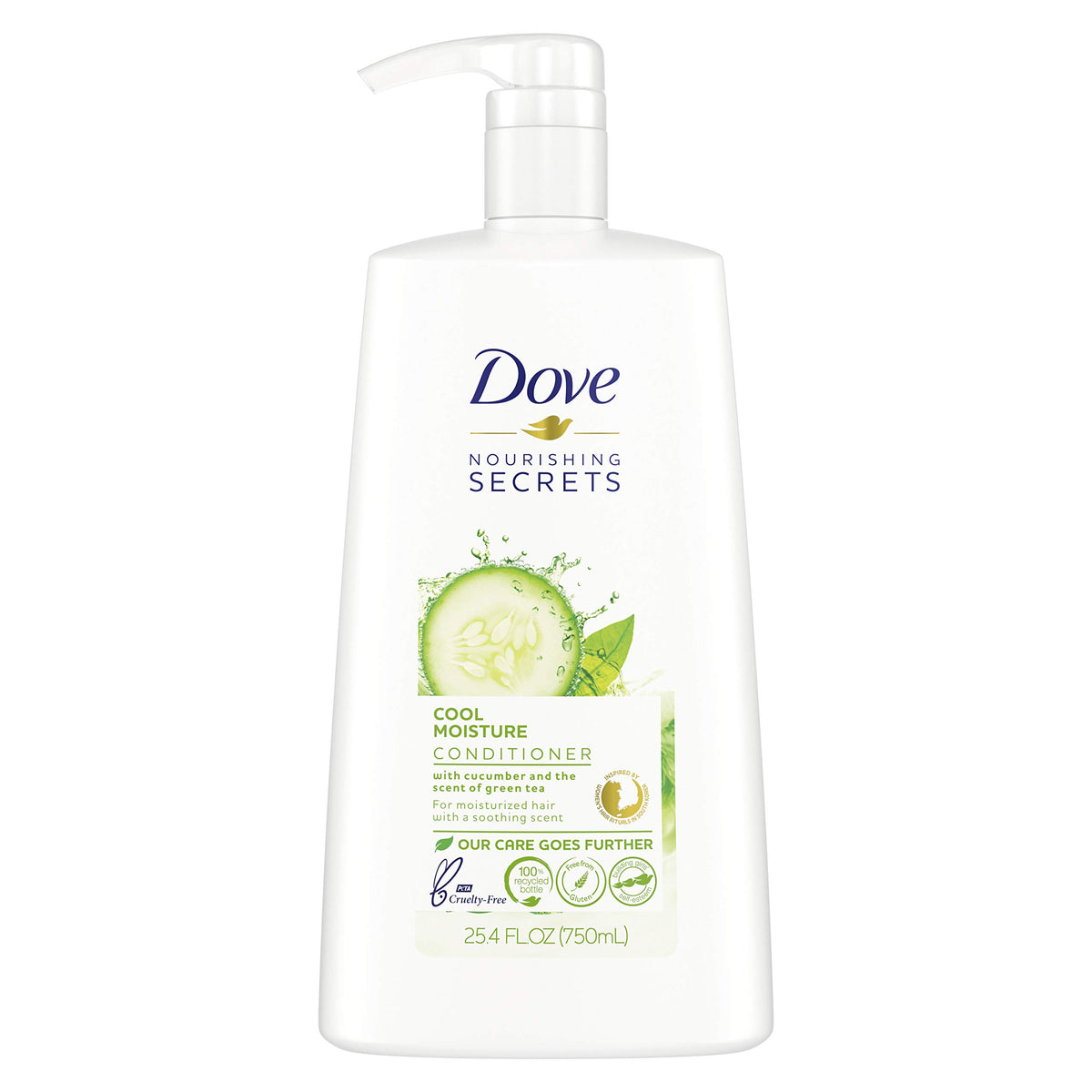 Dove bottle front view showing Cool Moisture label and easy-rinse benefit