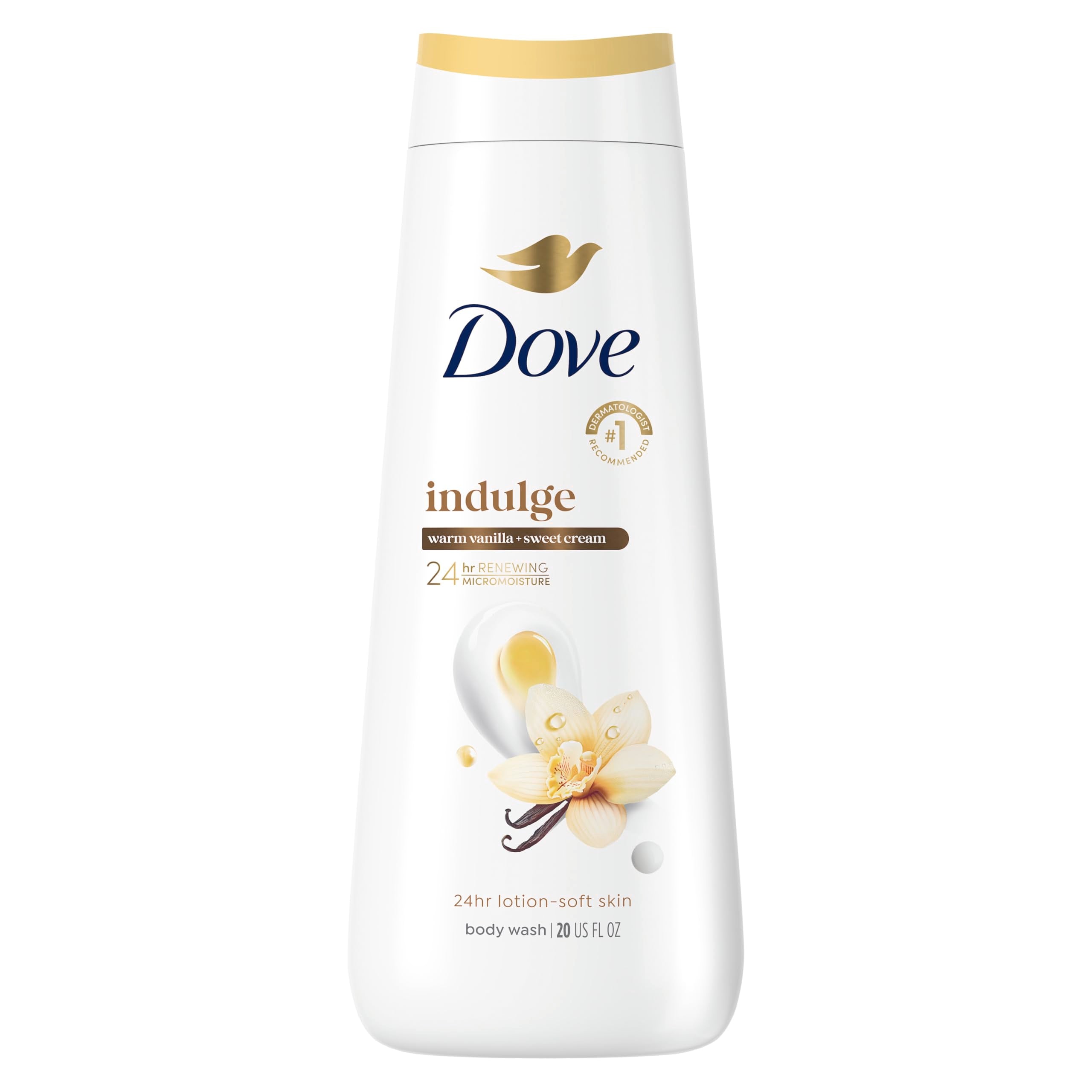 Dove front bottle showing warm vanilla scent and moisturizing benefit