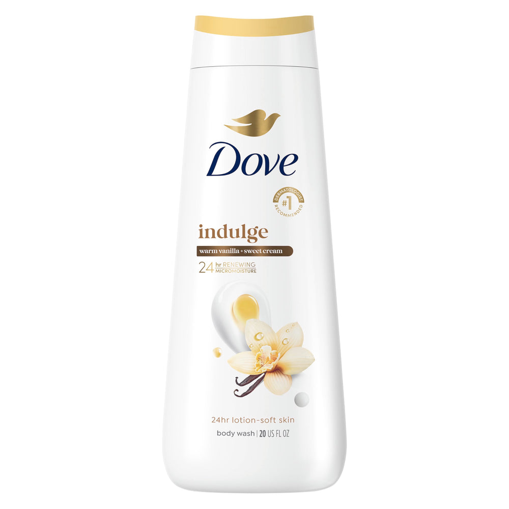 Dove front bottle showing warm vanilla scent and moisturizing benefit