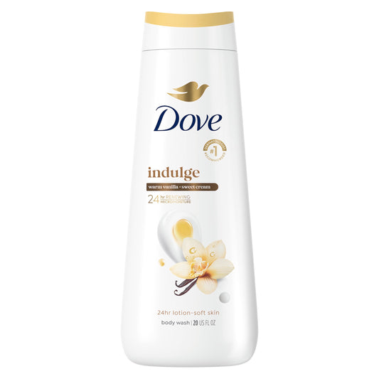 Dove front bottle showing warm vanilla scent and moisturizing benefit