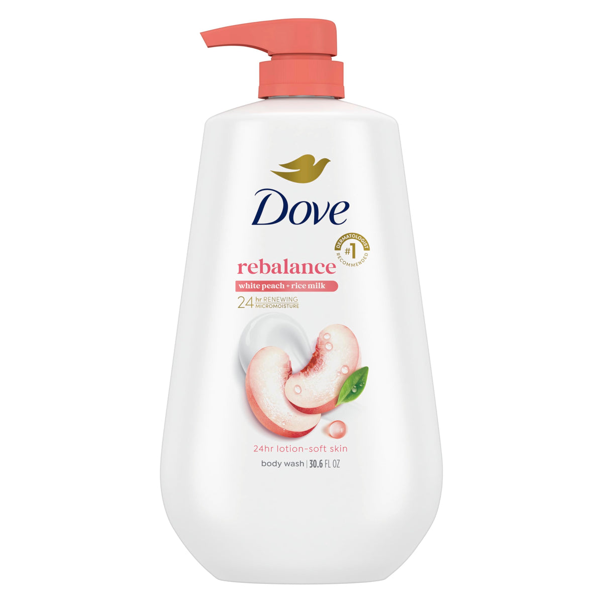 Dove front bottle showing White Peach & Rice Milk and moisturizing benefit