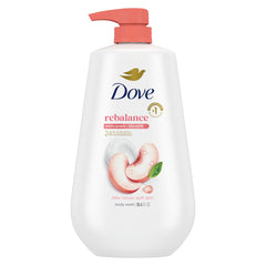 Dove front bottle showing White Peach & Rice Milk and moisturizing benefit