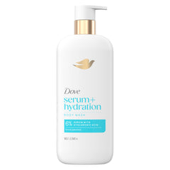 Dove front bottle of Hydration Boost Serum body wash showing packaging and benefit