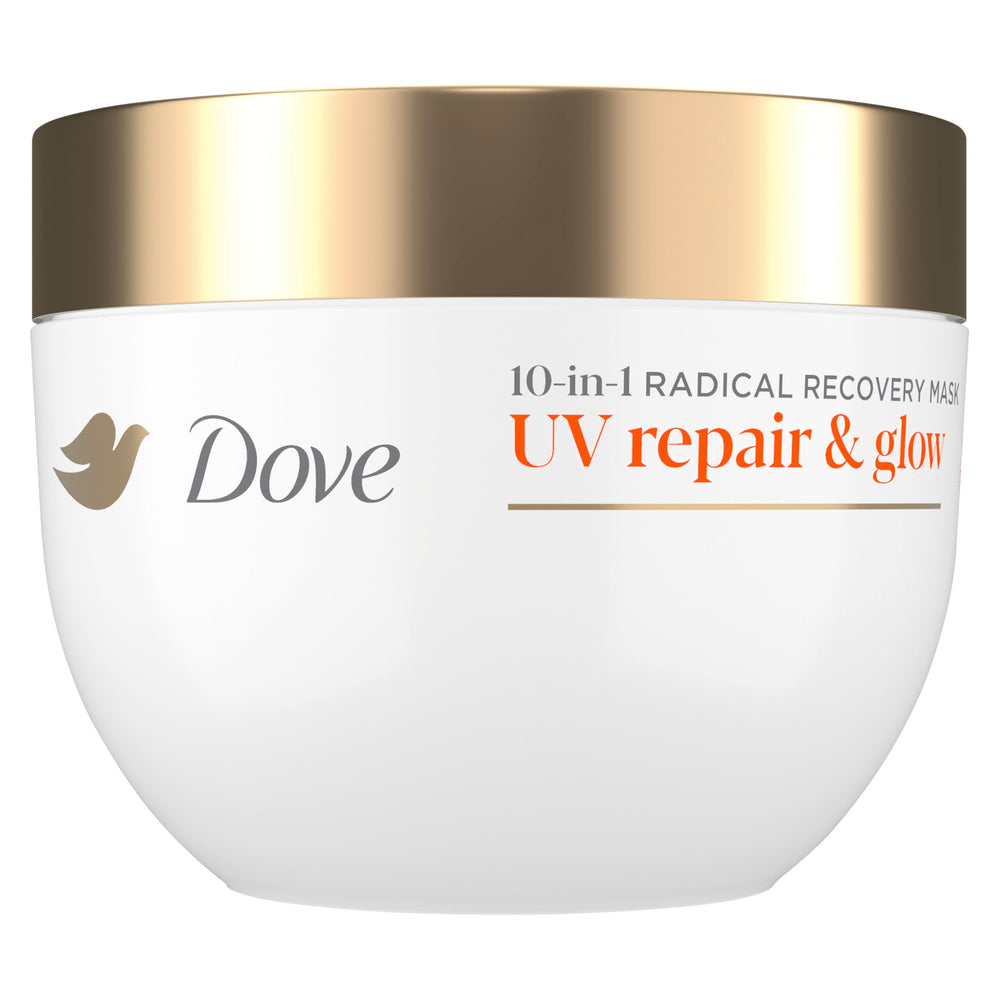 Dove front jar UV Repair & Glow showing product and 9.2 oz size benefit