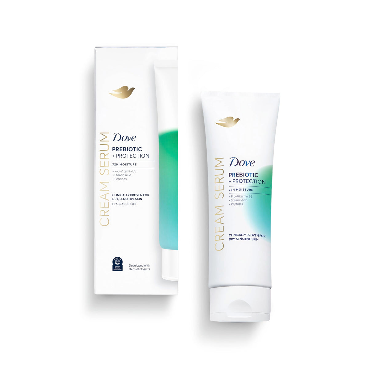 Dove front packaging showing 8 oz cream serum and clear product benefit