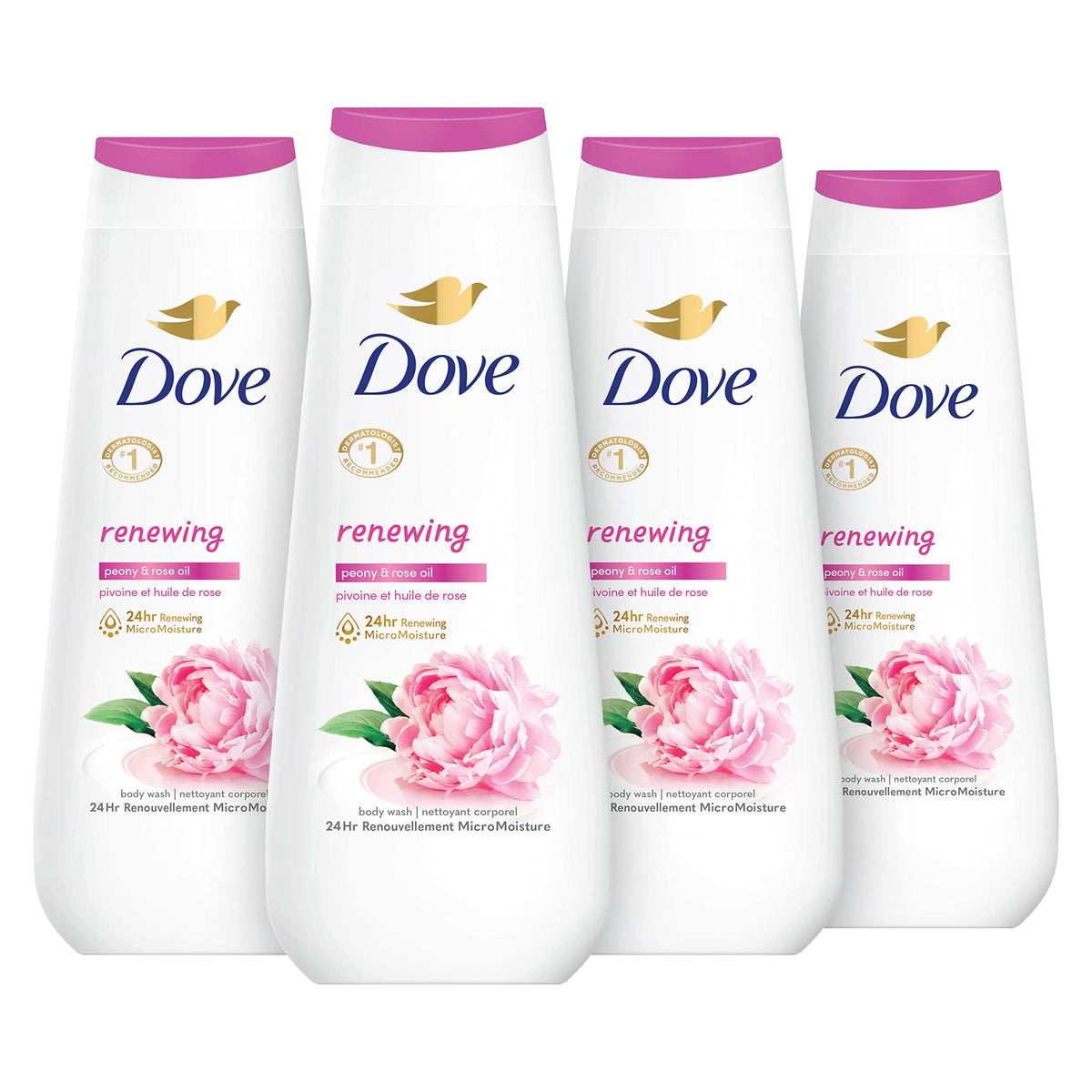 Dove front packaging showing Renewing Peony and Rose Oil scent and hydrating benefits