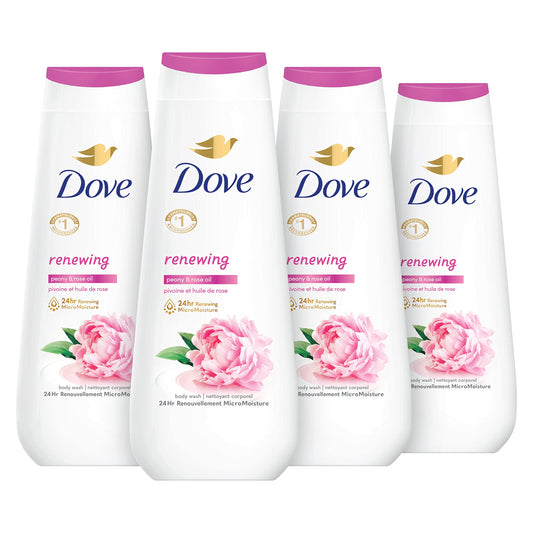 Dove front packaging showing Renewing Peony and Rose Oil scent and hydrating benefits