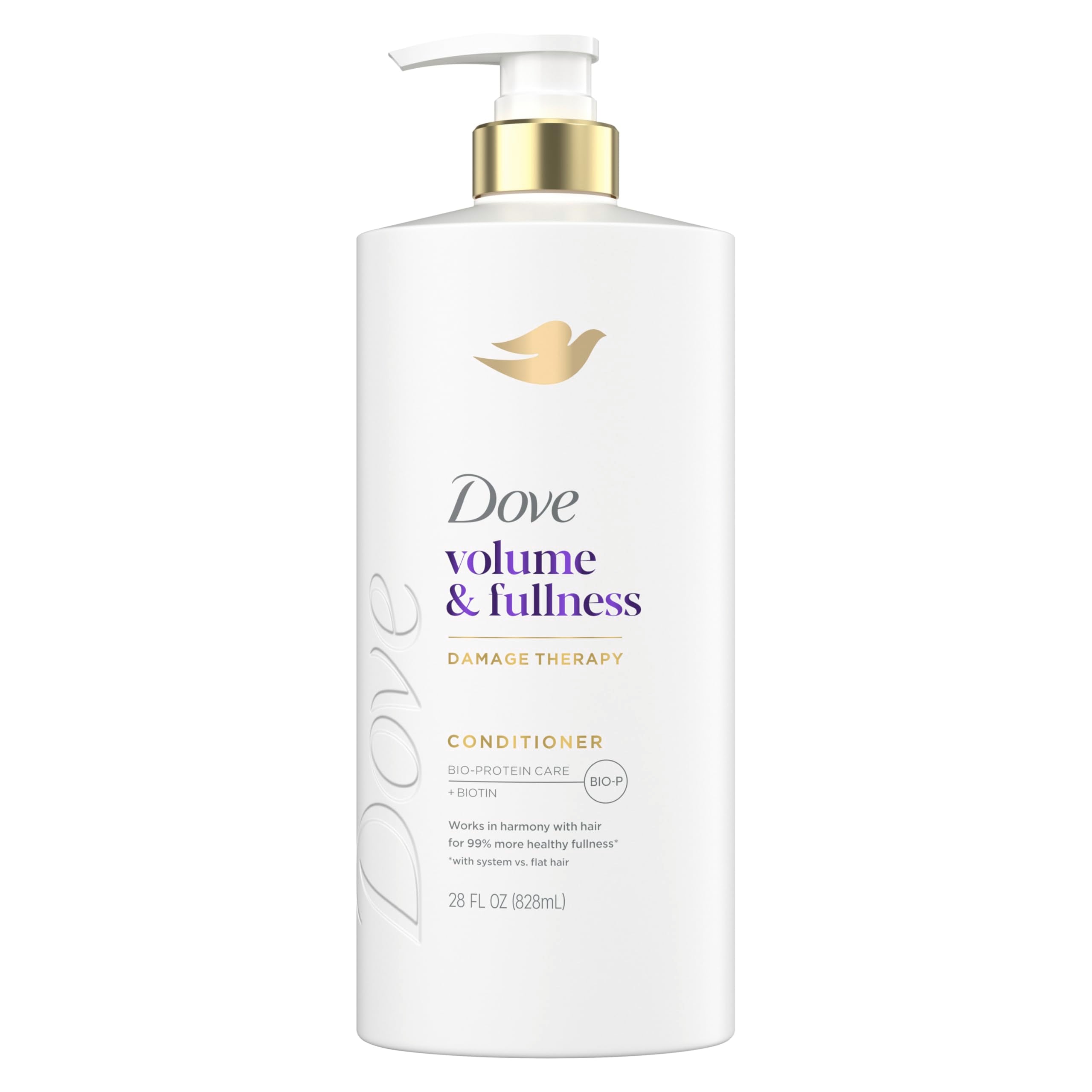 Dove front packaging of Volume & Fullness conditioner showing clean bottle and benefit