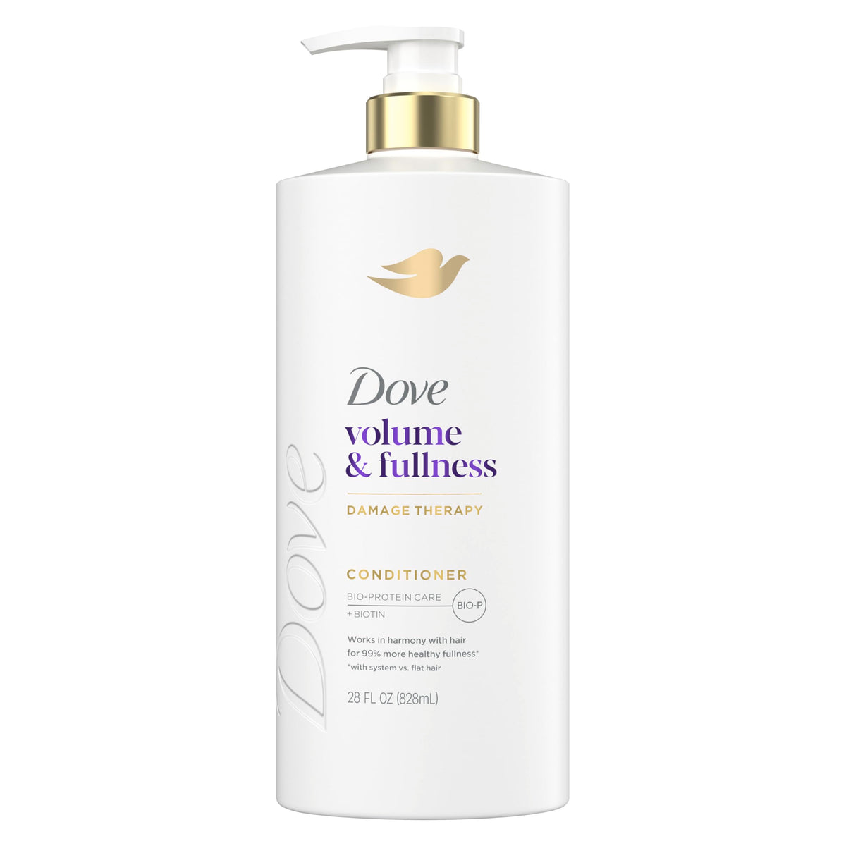 Dove front packaging of Volume & Fullness conditioner showing clean bottle and benefit