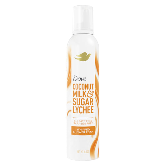 Dove front packaging coconut and lychee can showing label and size, gentle cleanse benefit