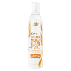 Dove front packaging coconut and lychee can showing label and size, gentle cleanse benefit