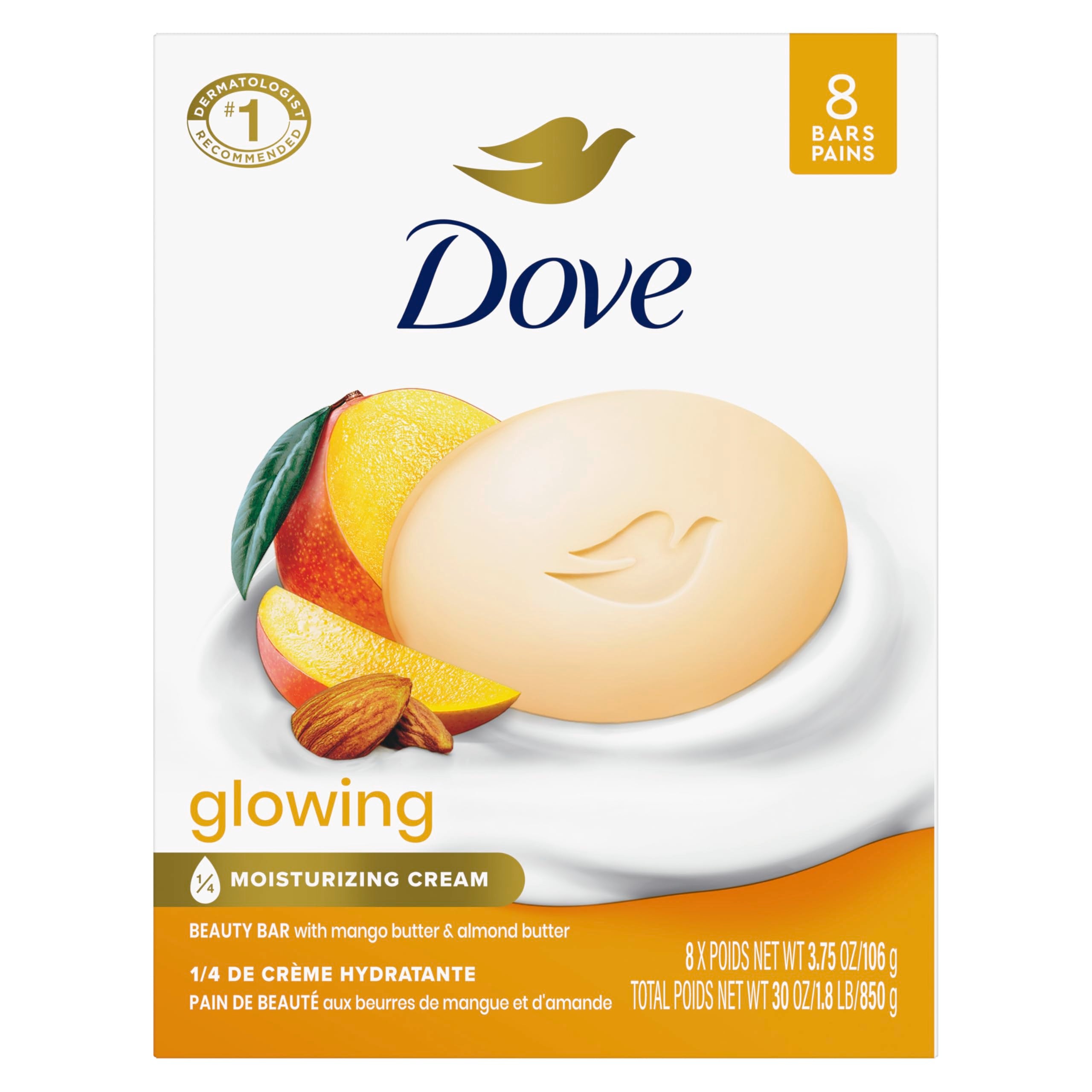 Dove bar front packaging showing mango and almond butters benefits