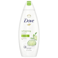 Dove Go Fresh front packaging showing three 12 oz bottles and label benefits