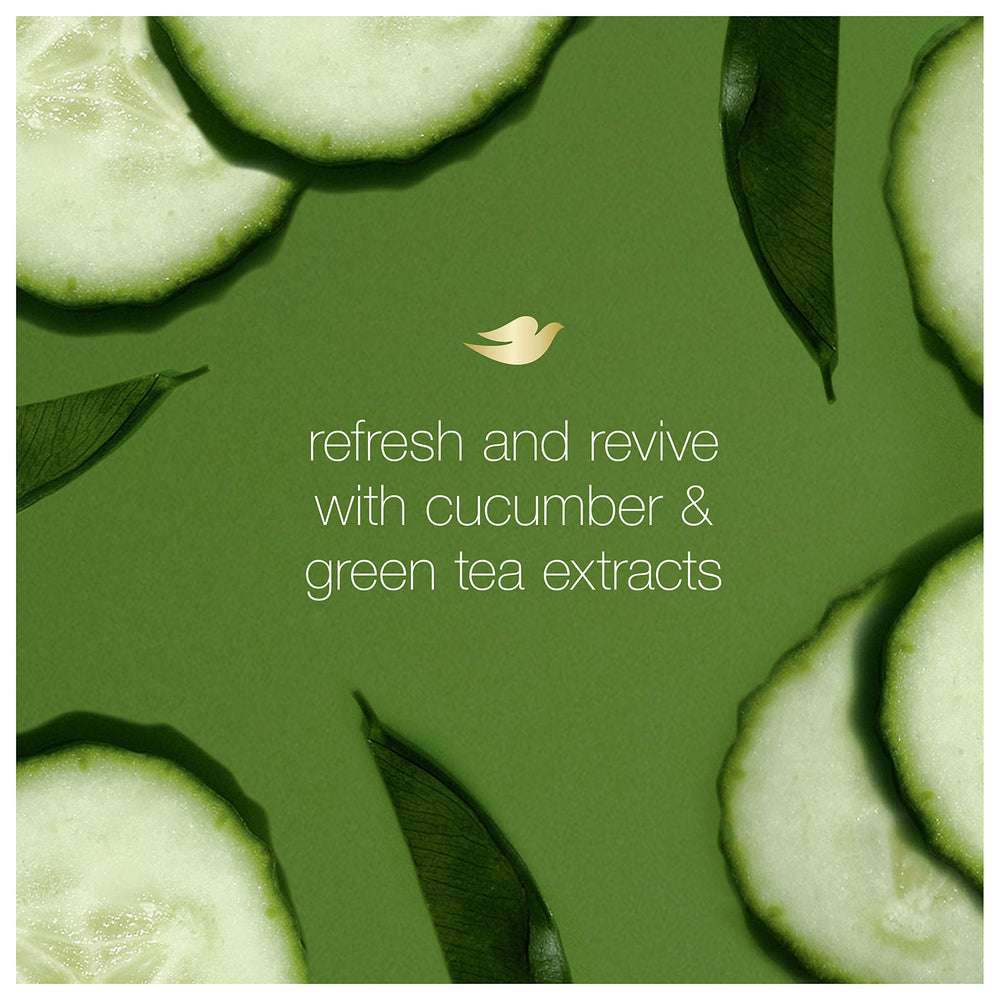 Dove ingredient shot with cucumber and green tea leaves highlighting refreshing scent