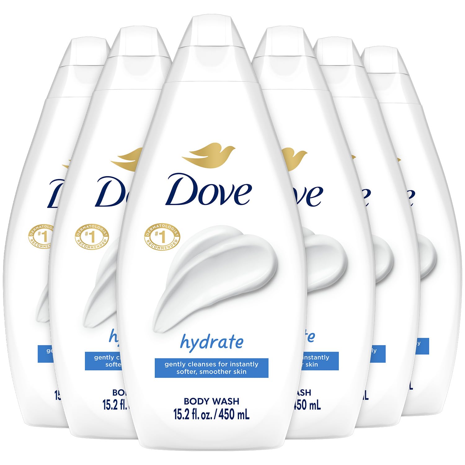 Dove hydrate front packaging shows bottle and calming benefit