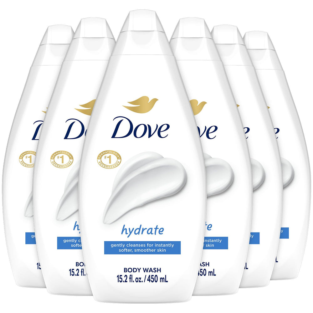Dove hydrate front packaging shows bottle and calming benefit
