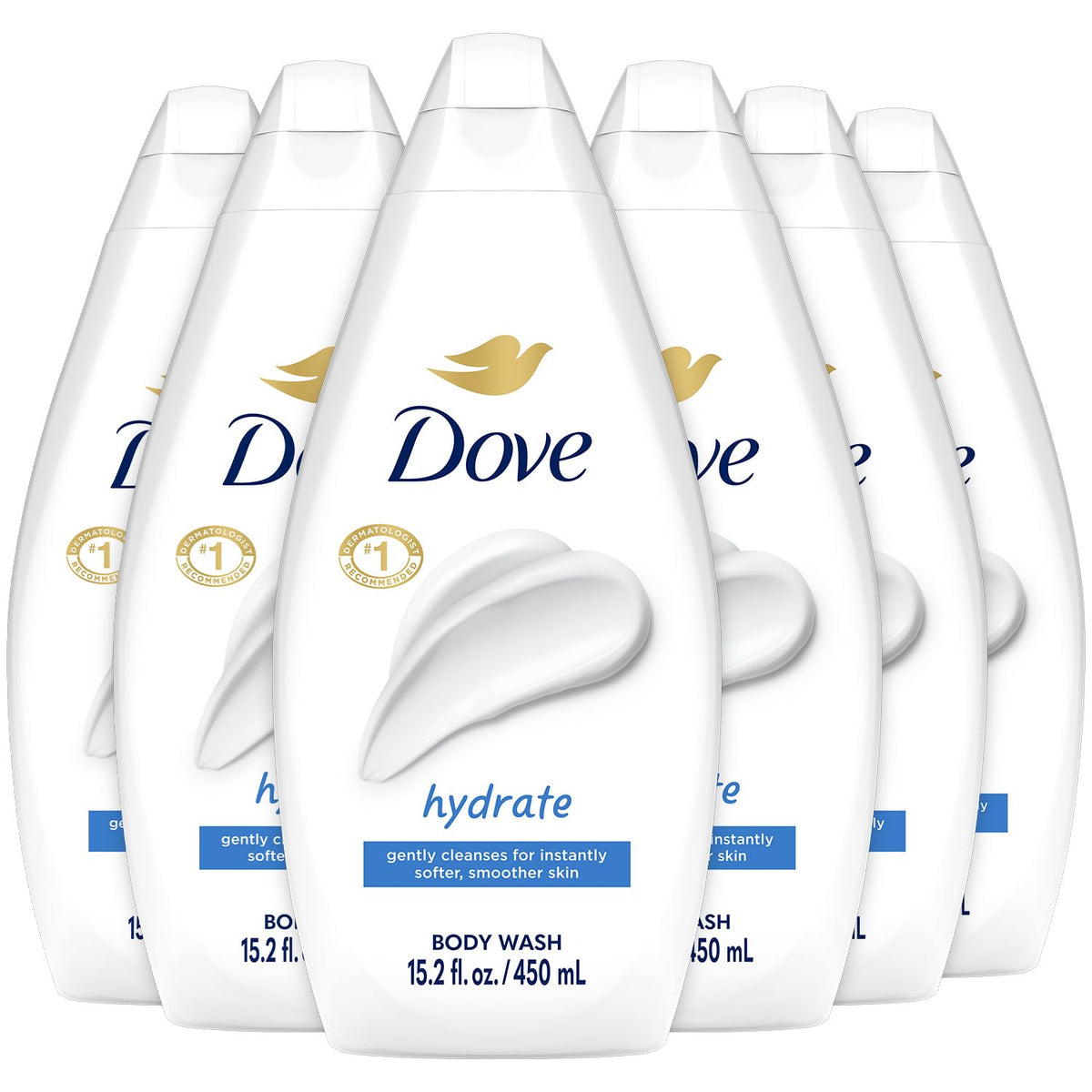 Dove hydrate front packaging shows bottle and calming benefit