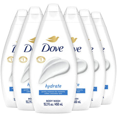 Dove hydrate front packaging shows bottle and calming benefit