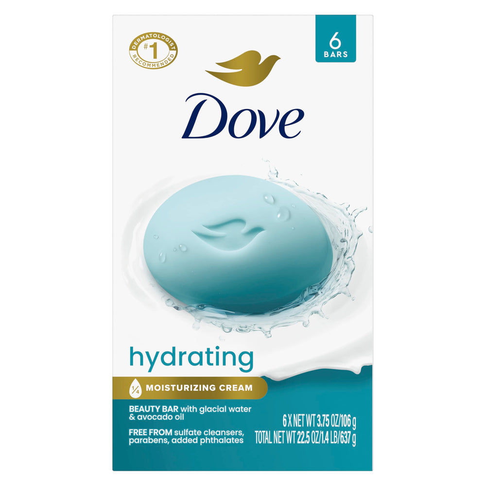 Dove hydrating beauty bar front packaging showing six bars and crisp scent benefit