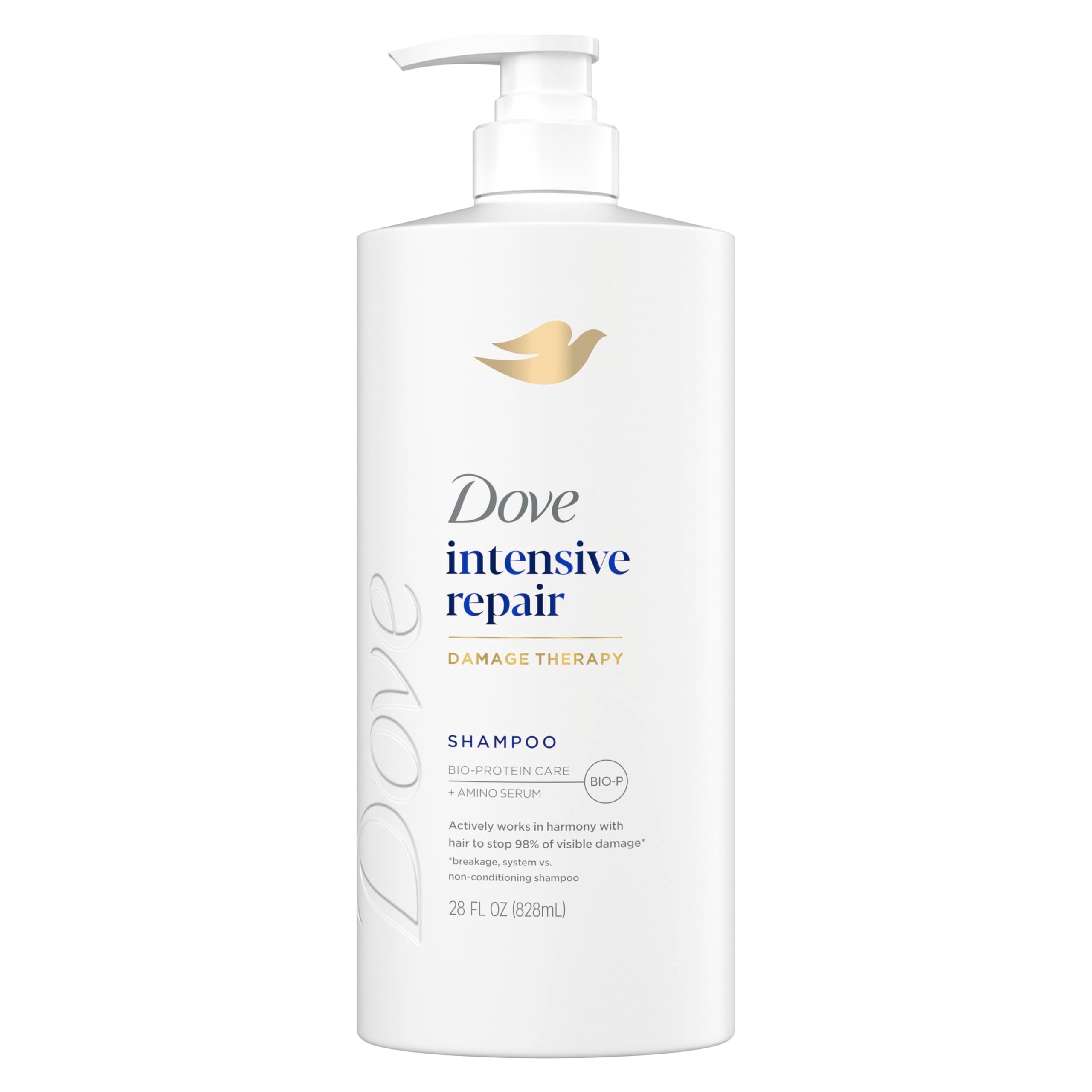Dove shampoo front label showing product and benefit of repair