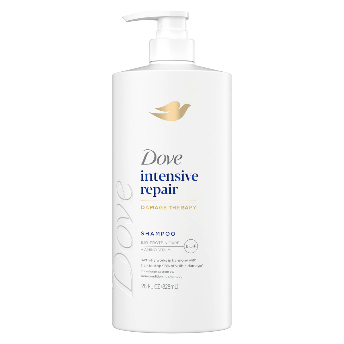 Dove shampoo front label showing product and benefit of repair