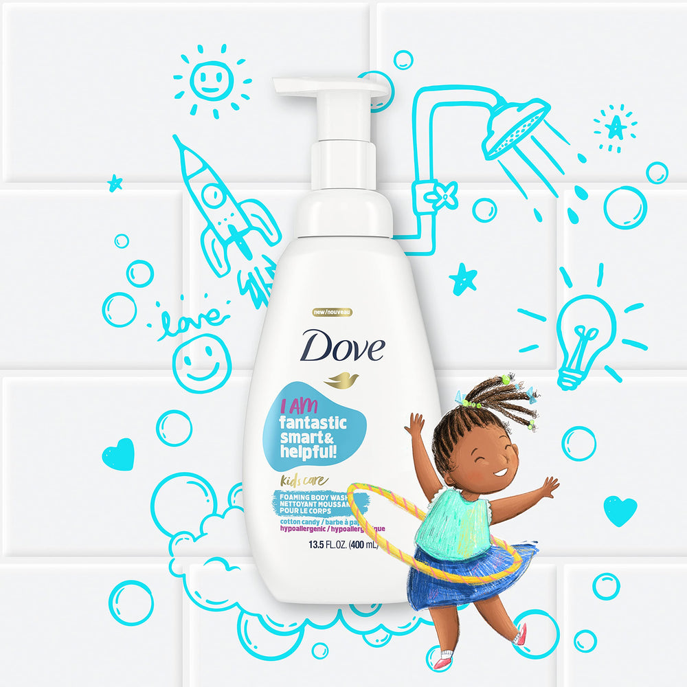 Dove kids bottle with routine affirmation visible promoting positive bath habit benefit