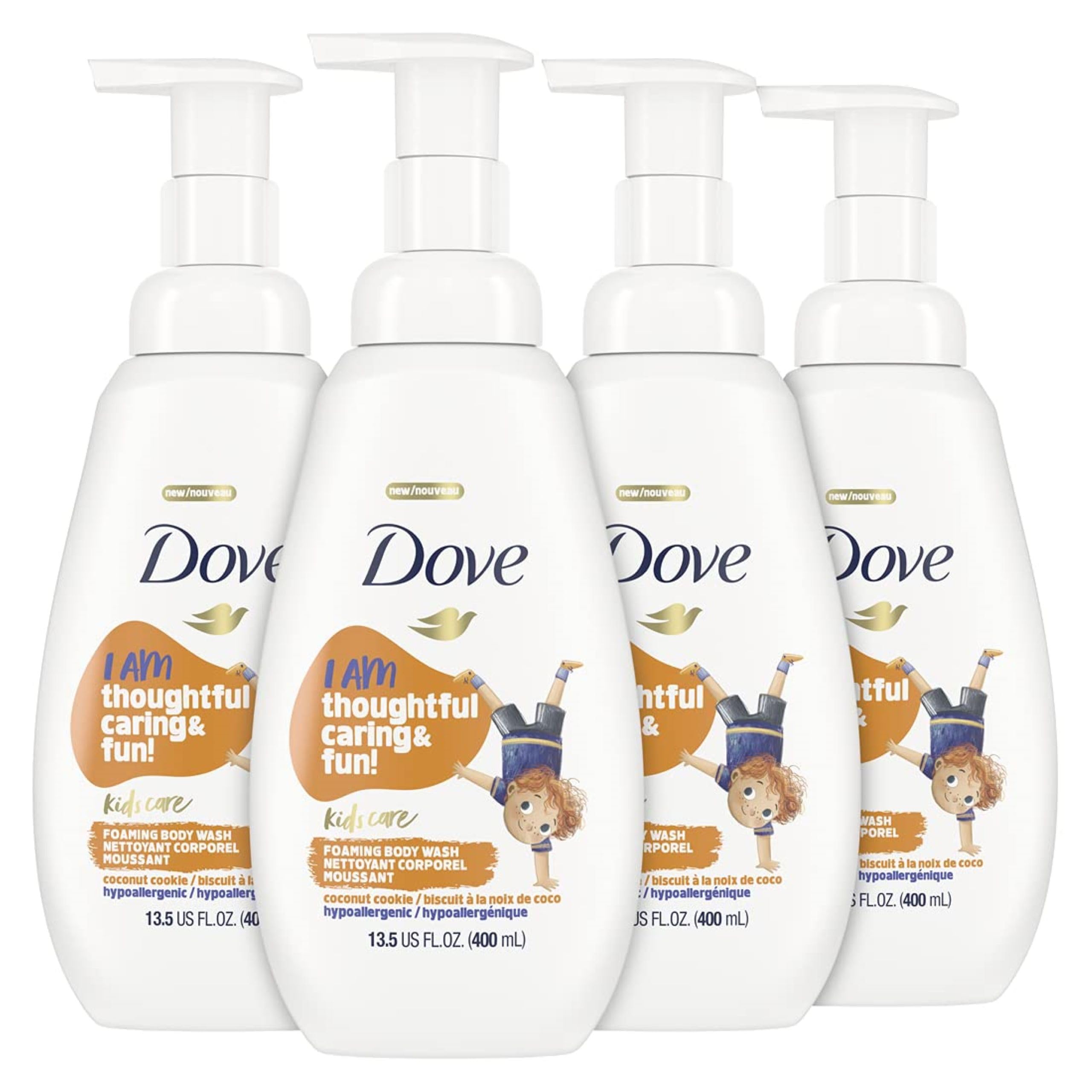 Dove front packaging of four bottles showing coconut cookie scent and family convenience