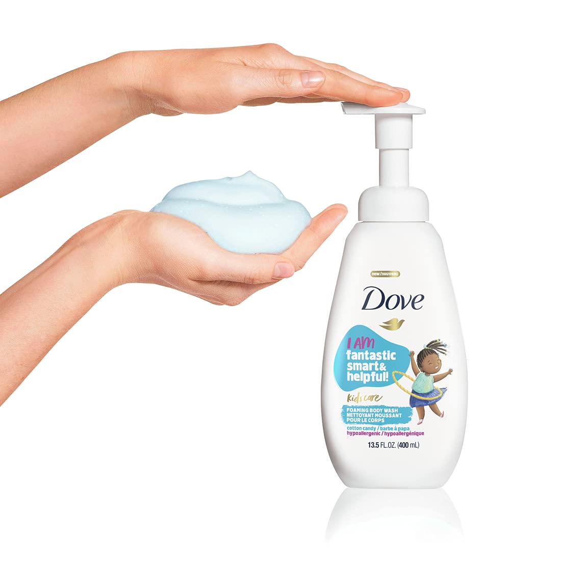 Dove kids texture foam on hand showing light airy lather and gentle cleansing benefit