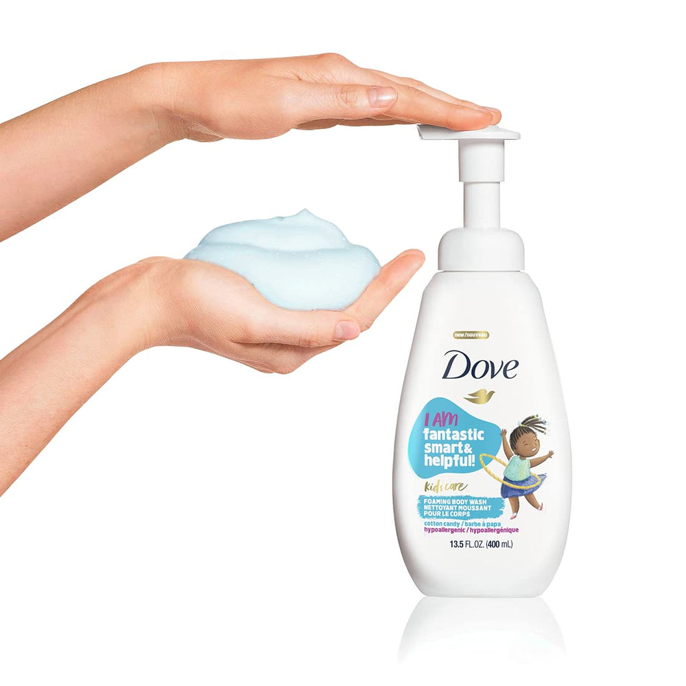 Dove kids texture foam on hand showing light airy lather and gentle cleansing benefit