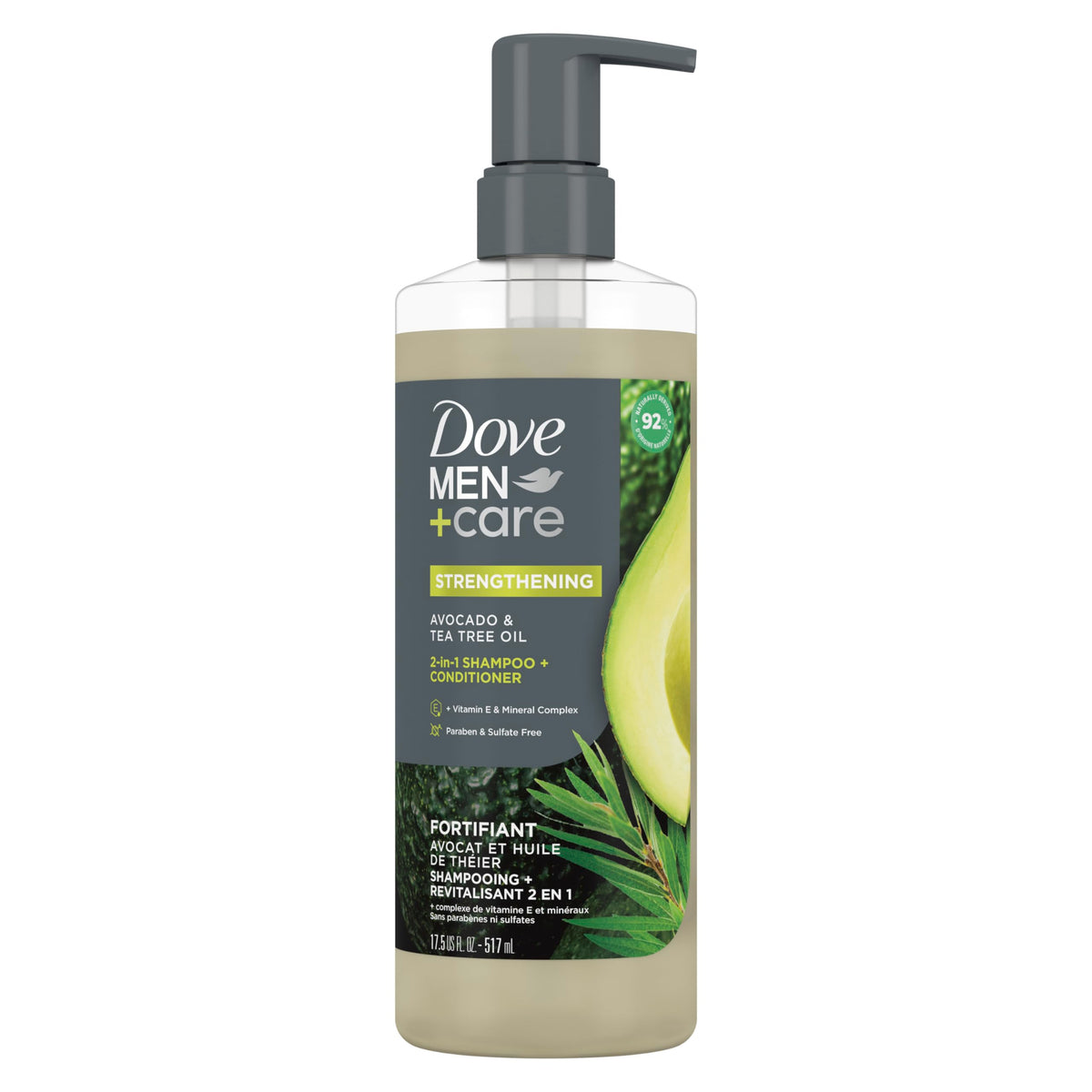 Dove Men+Care front packaging showing avocado and tea tree benefits